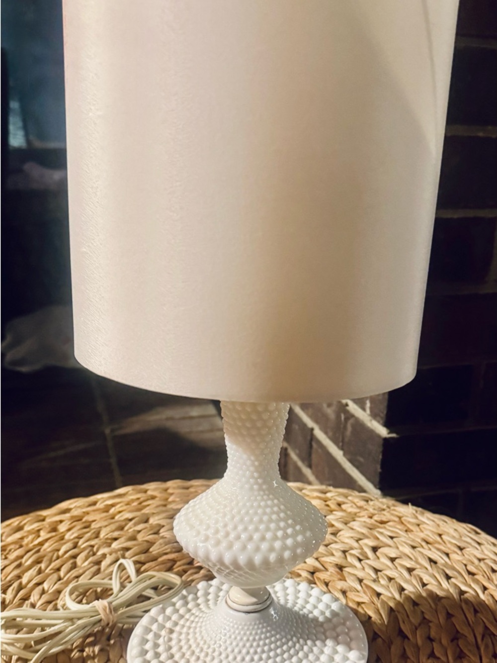 White Hobnail Milk Glass Table Lamp with White Shade